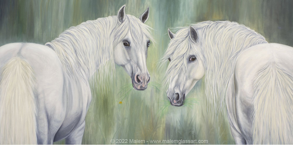 Two horses, arabian x and andalusian spanish oil painting