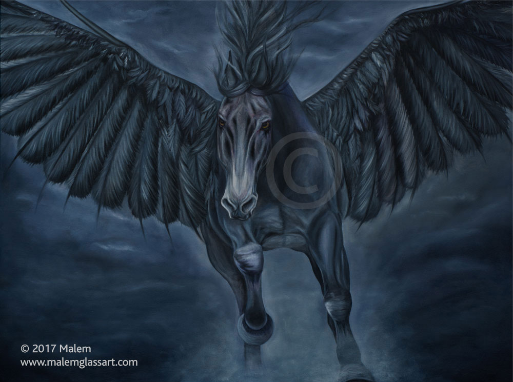 Dark winged horse painting oil