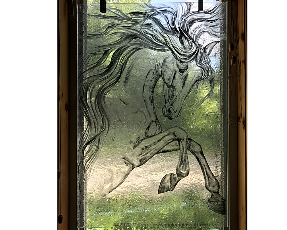 Horse Rearing Stained Glass Painting on a bright summer day
